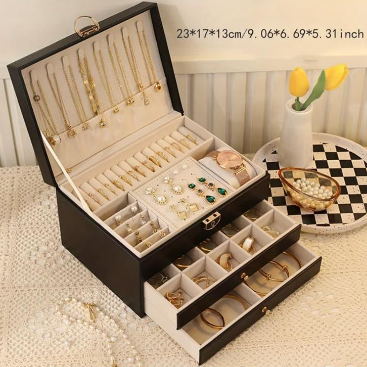 3-Tier Lockable Jewelry & Cosmetics Storage Box – Faux Leather Organizer for Accessories and Makeup