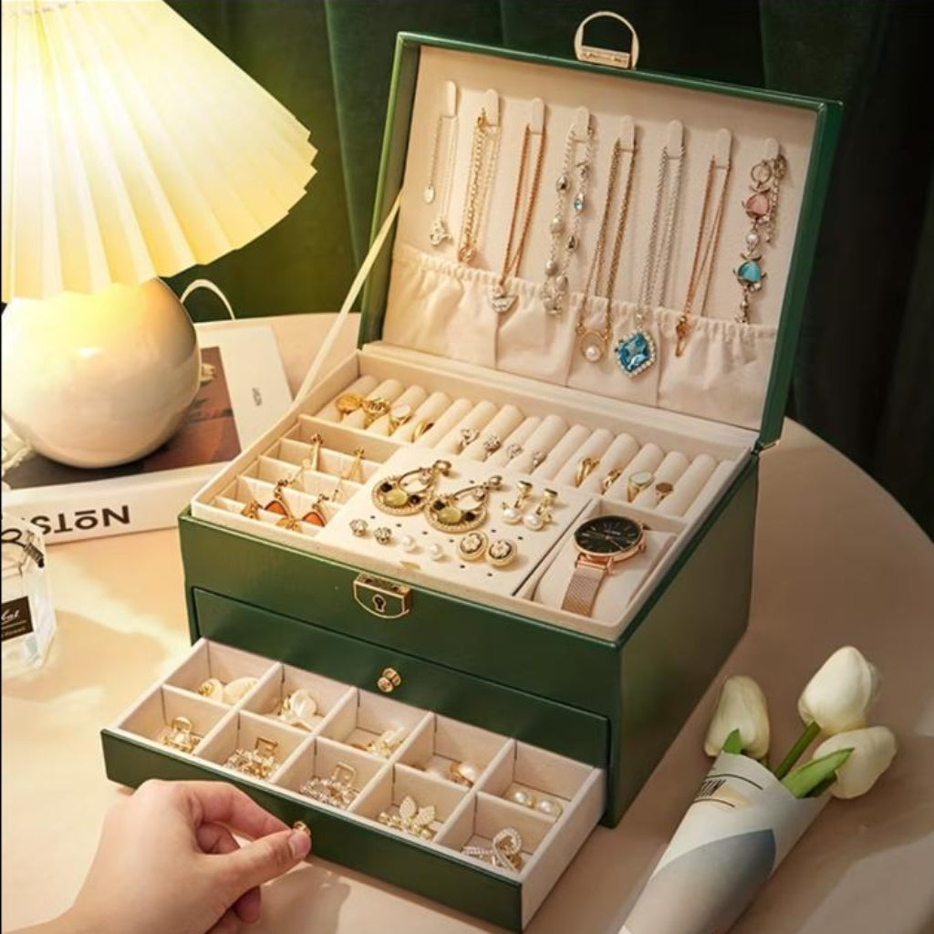 3-Tier Lockable Jewelry & Cosmetics Storage Box – Faux Leather Organizer for Accessories and Makeup