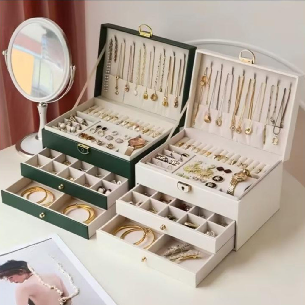 3-Tier Lockable Jewelry & Cosmetics Storage Box – Faux Leather Organizer for Accessories and Makeup
