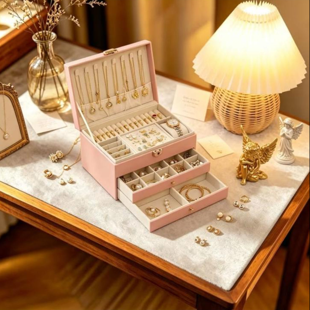3-Tier Lockable Jewelry & Cosmetics Storage Box – Faux Leather Organizer for Accessories and Makeup