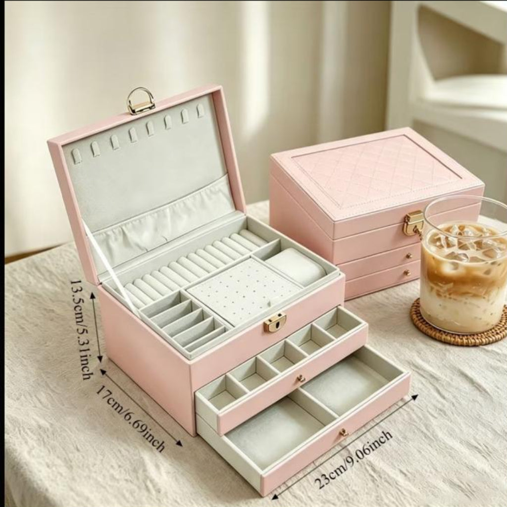 3-Tier Lockable Jewelry & Cosmetics Storage Box – Faux Leather Organizer for Accessories and Makeup
