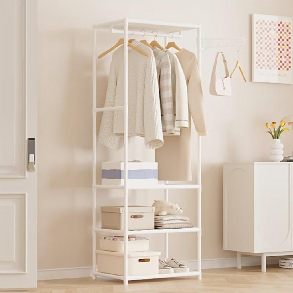 Coat Rack with Multi-Layer Storage & Wheels – Mobile Bedroom Organizer