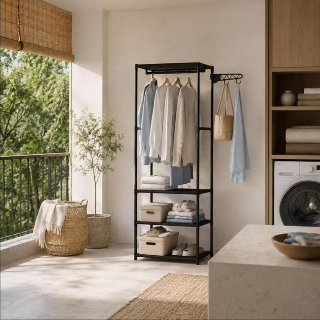 Coat Rack with Multi-Layer Storage & Wheels – Mobile Bedroom Organizer