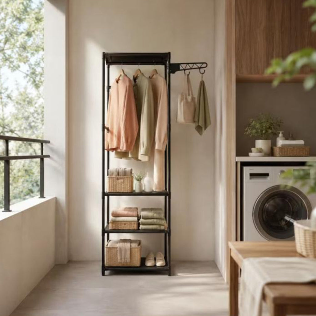 Coat Rack with Multi-Layer Storage & Wheels – Mobile Bedroom Organizer