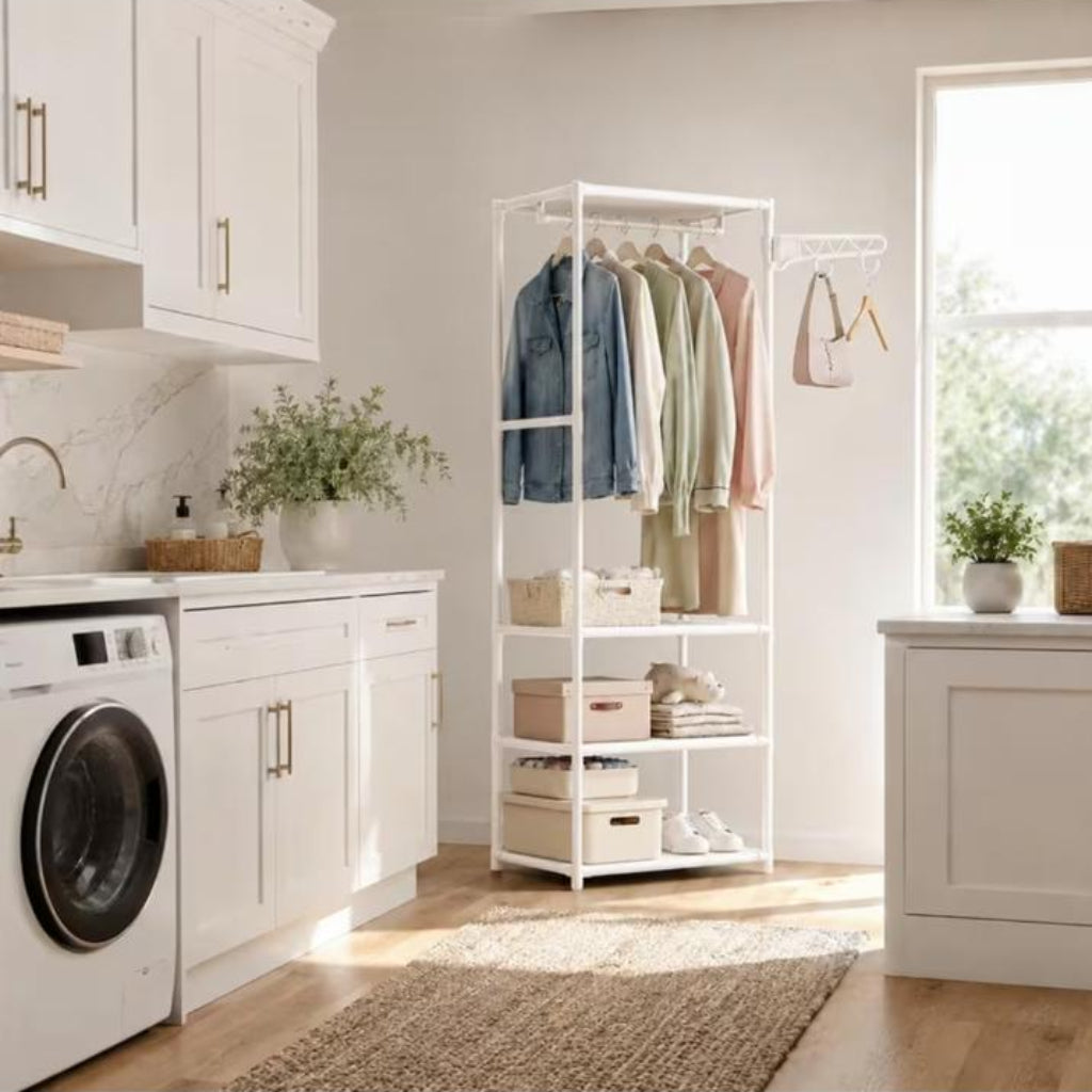Coat Rack with Multi-Layer Storage & Wheels – Mobile Bedroom Organizer