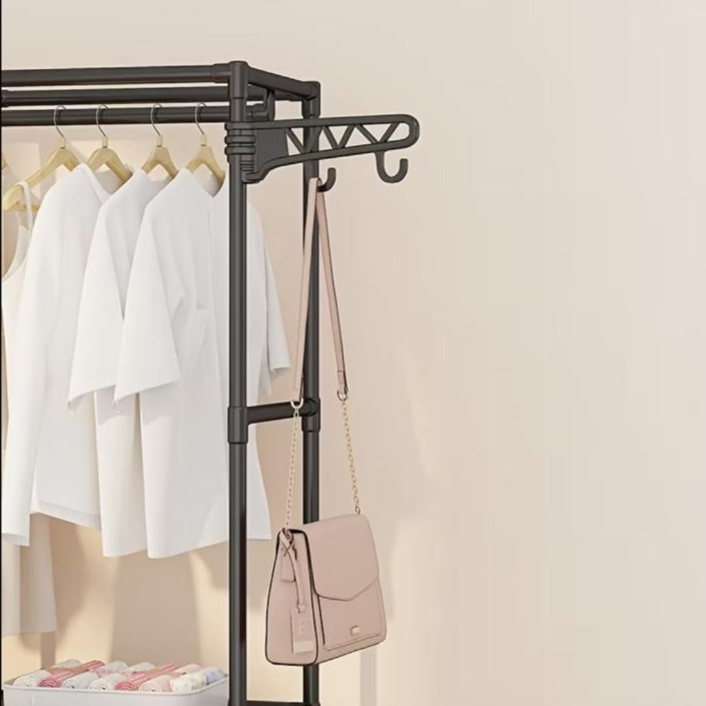Coat Rack with Multi-Layer Storage & Wheels – Mobile Bedroom Organizer