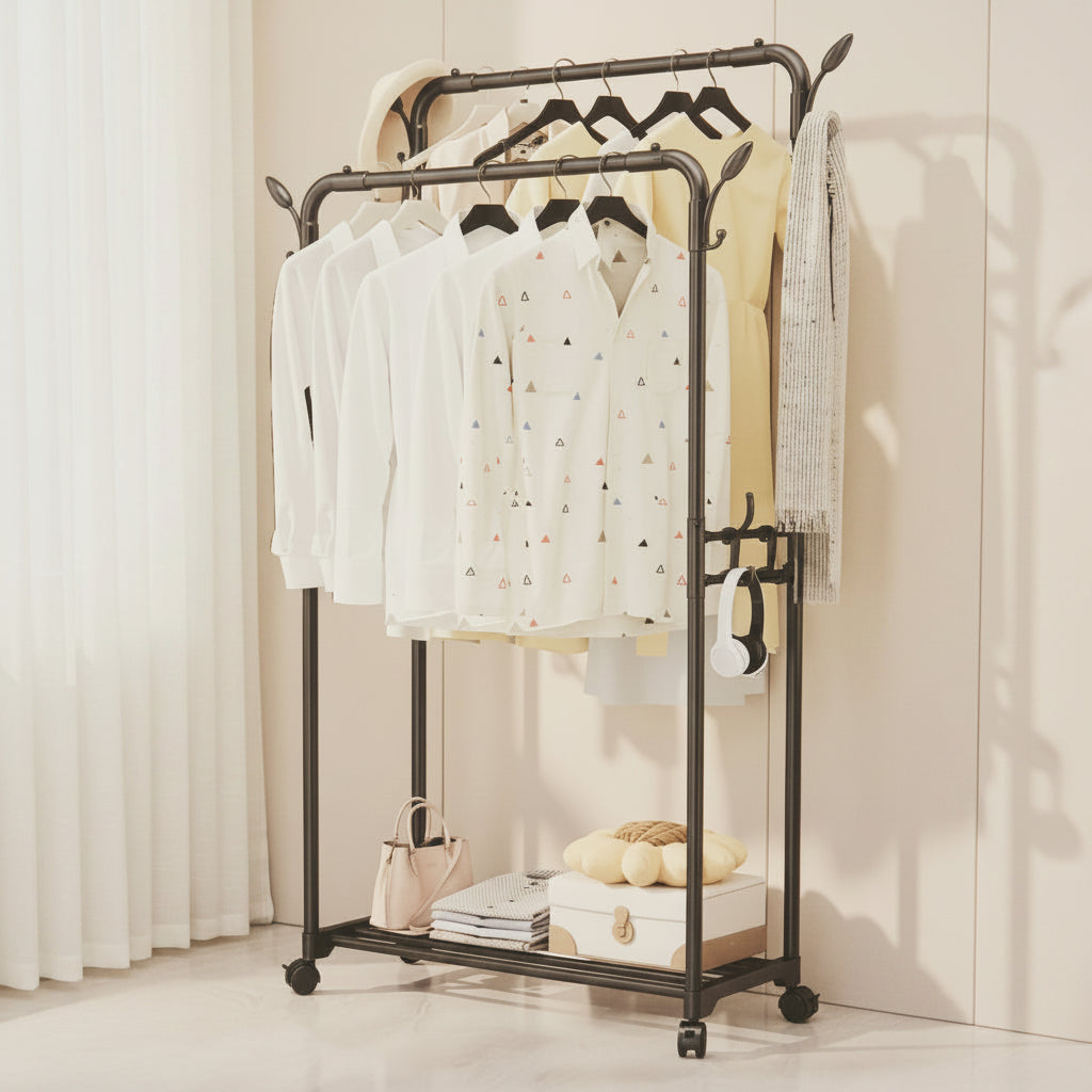 Double-Rod Clothes Rack with Wheels – Mobile Garment Organizer for Bedroom