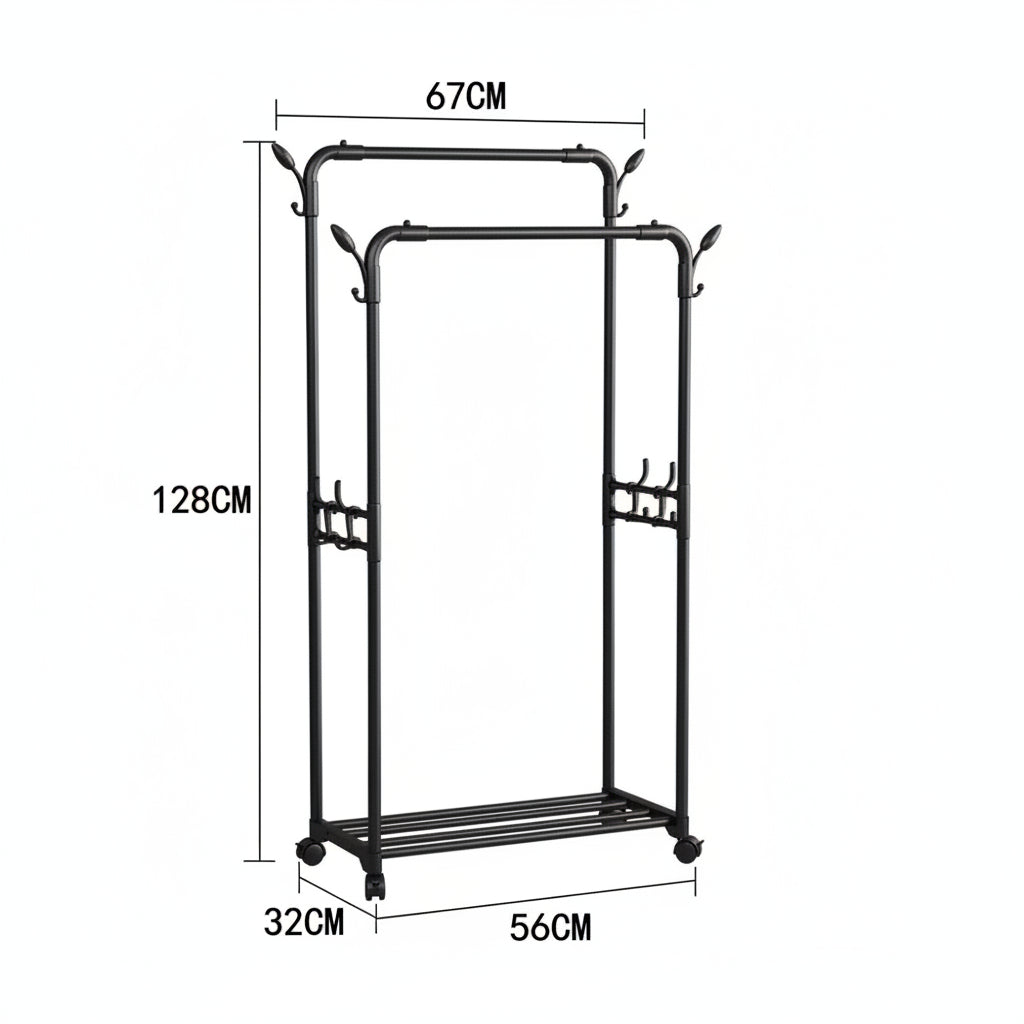Double-Rod Clothes Rack with Wheels – Mobile Garment Organizer for Bedroom