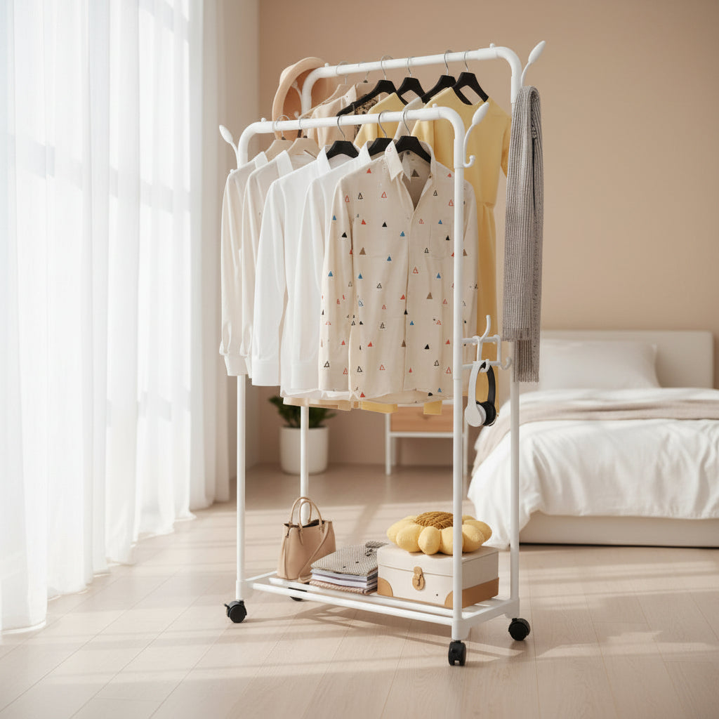 Double-Rod Clothes Rack with Wheels – Mobile Garment Organizer for Bedroom