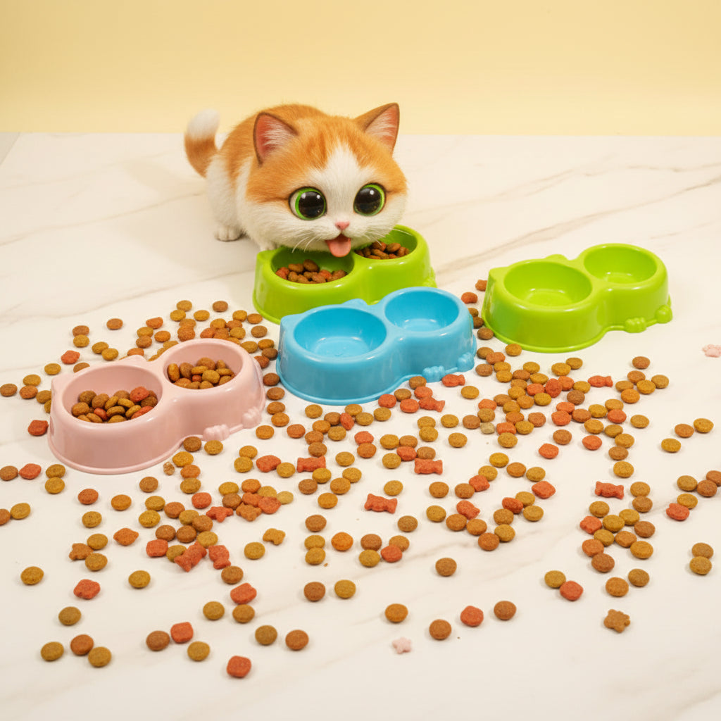 Double Pet Feeding Bowl – Cute Cat-Shaped Food & Water Bowl for Cats and Small Dogs