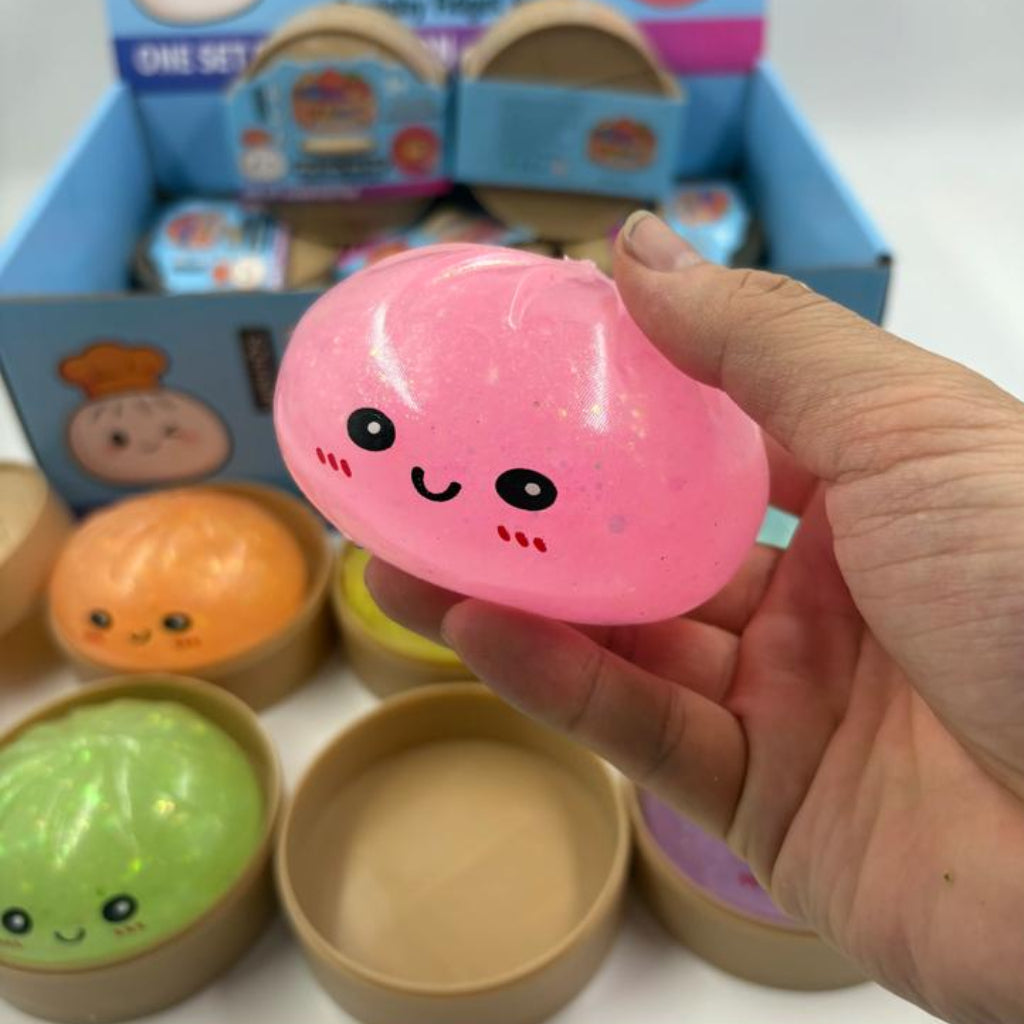 Cute Dumpling Squishy Fidget Toys with Steamer Baskets – Glittery Mini Stress Relief Sensory Toys for Kids and Adults (Multi-Color Pack)