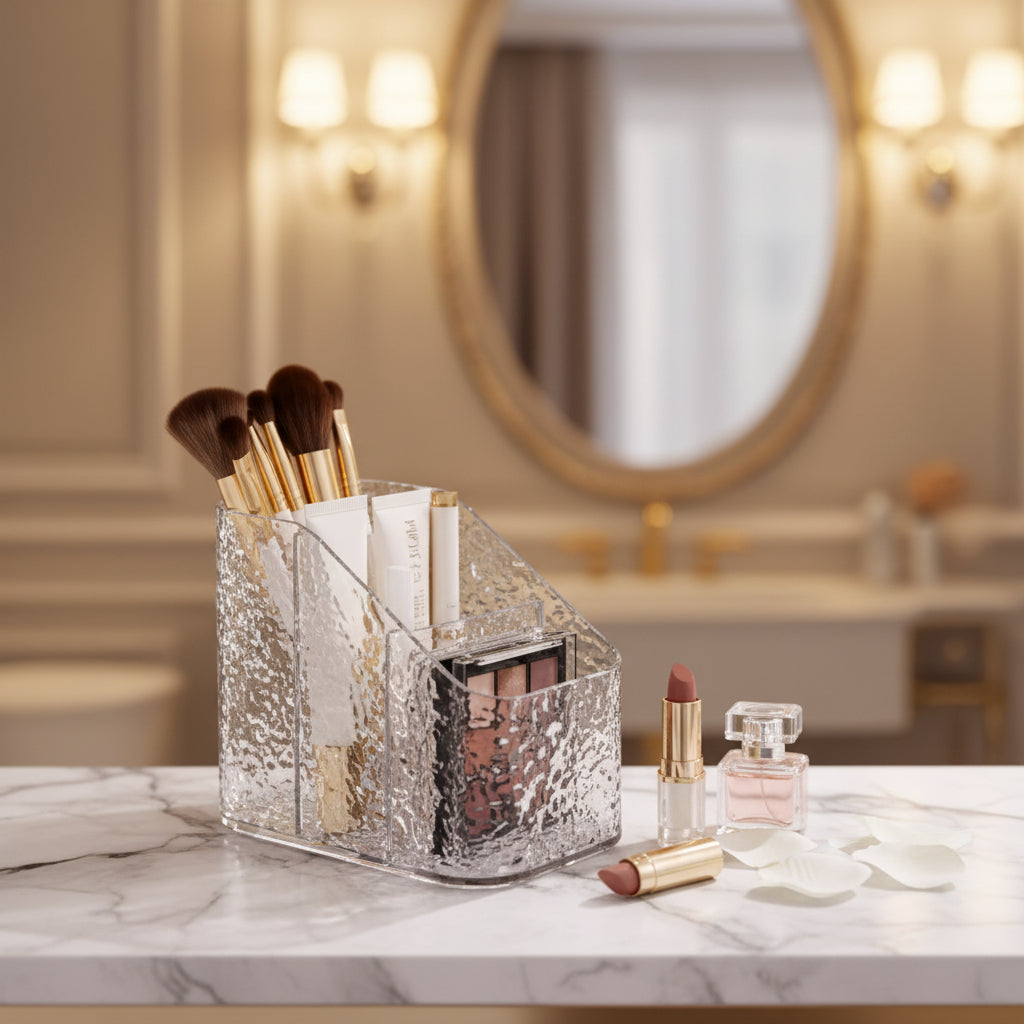 Clear Acrylic Makeup Organizer with Glacier Rippled Texture – 3-Compartment Cosmetic Storage Box