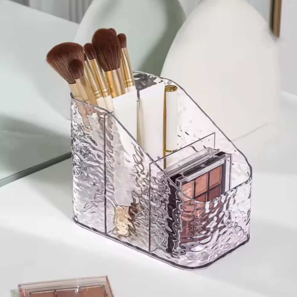 Clear Acrylic Makeup Organizer with Glacier Rippled Texture – 3-Compartment Cosmetic Storage Box