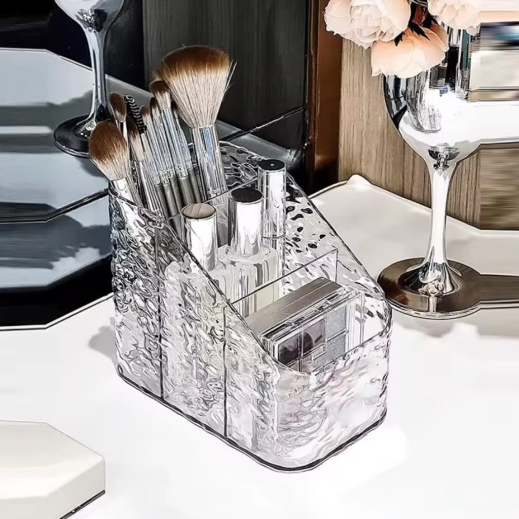 Clear Acrylic Makeup Organizer with Glacier Rippled Texture – 3-Compartment Cosmetic Storage Box