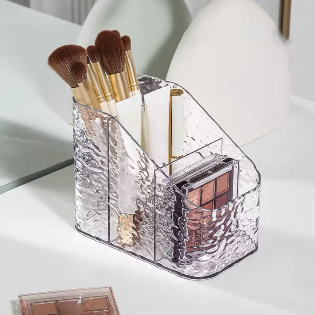 Clear Acrylic Makeup Organizer with Glacier Rippled Texture – 3-Compartment Cosmetic Storage Box