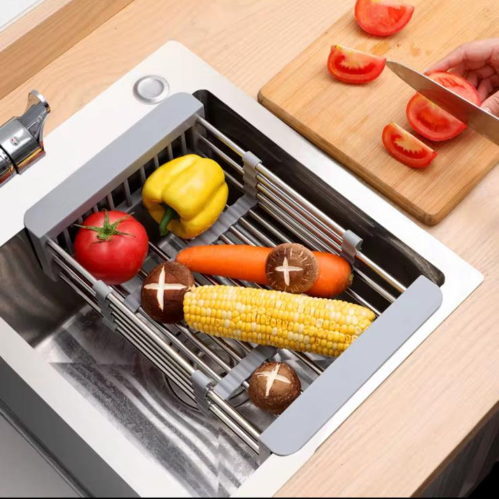 Expandable Over-the-Sink Colander and Drain Basket – Adjustable Stainless Steel Kitchen Sink Organizer