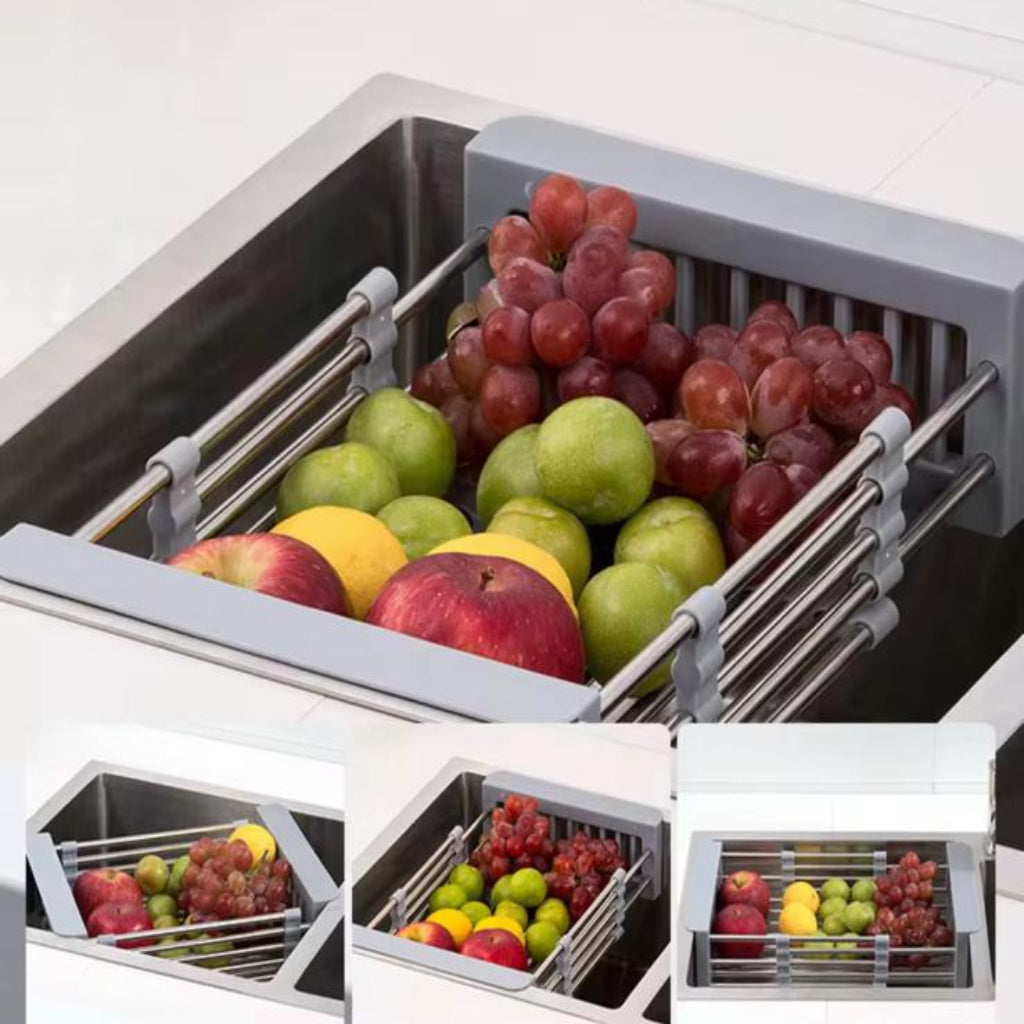 Expandable Over-the-Sink Colander and Drain Basket – Adjustable Stainless Steel Kitchen Sink Organizer