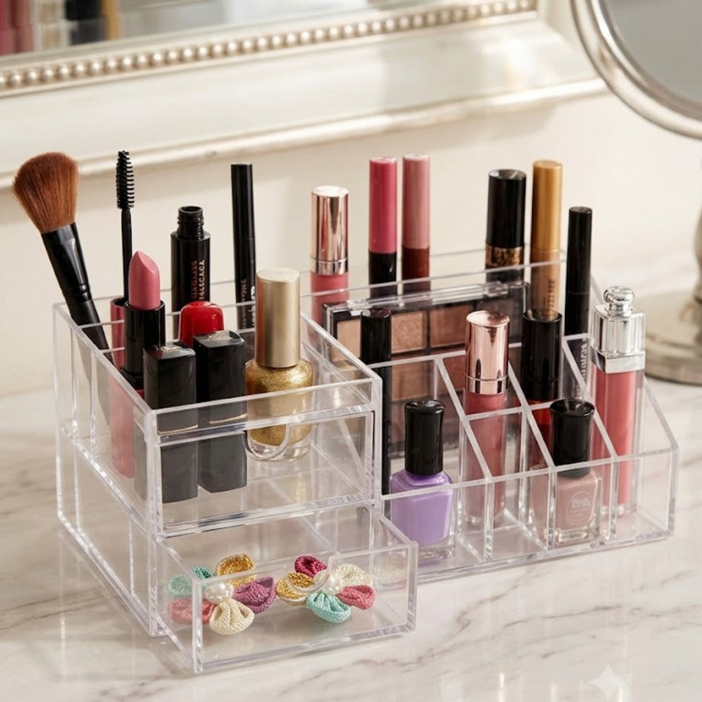 Clear Acrylic Makeup Organizer with Pull-Out Drawer – Multi-Grid Cosmetic Storage Box