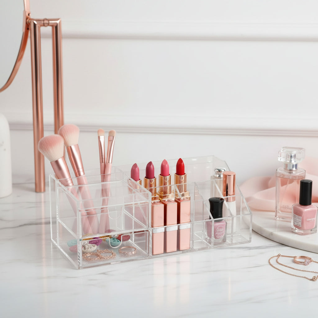 Clear Acrylic Makeup Organizer with Pull-Out Drawer – Multi-Grid Cosmetic Storage Box
