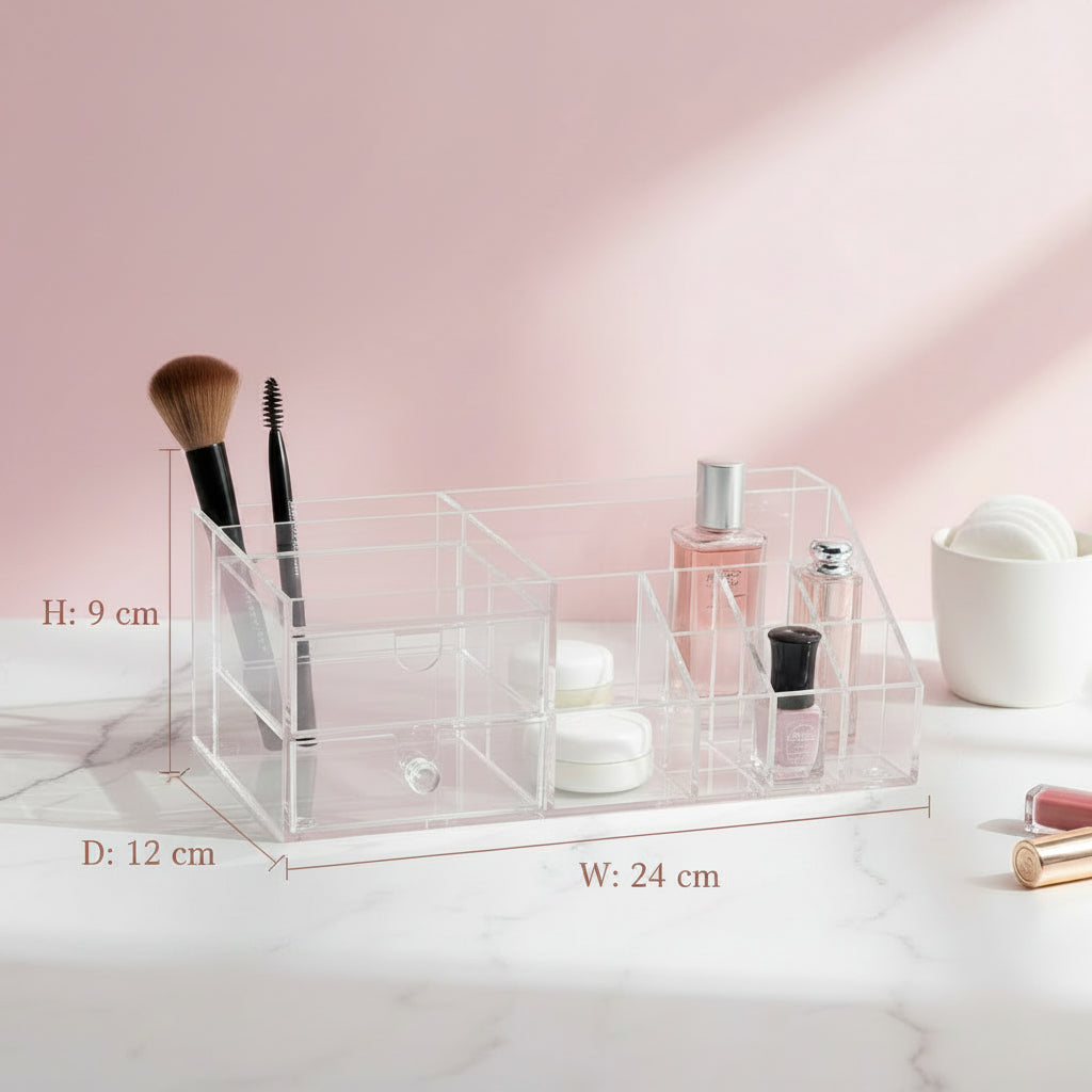 Clear Acrylic Makeup Organizer with Pull-Out Drawer – Multi-Grid Cosmetic Storage Box