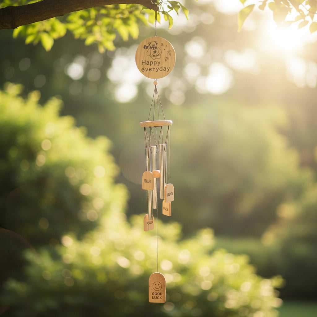 "Happy Everyday" Wooden Wind Chime – Lucky Blessings Hanging Decor