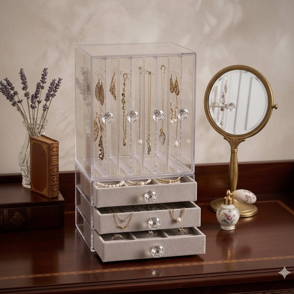 Acrylic Jewelry Organizer with Drawers & Necklace Cabinet – Multi-Compartment Storage Box