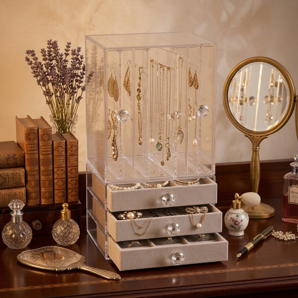 Acrylic Jewelry Organizer with Drawers & Necklace Cabinet – Multi-Compartment Storage Box