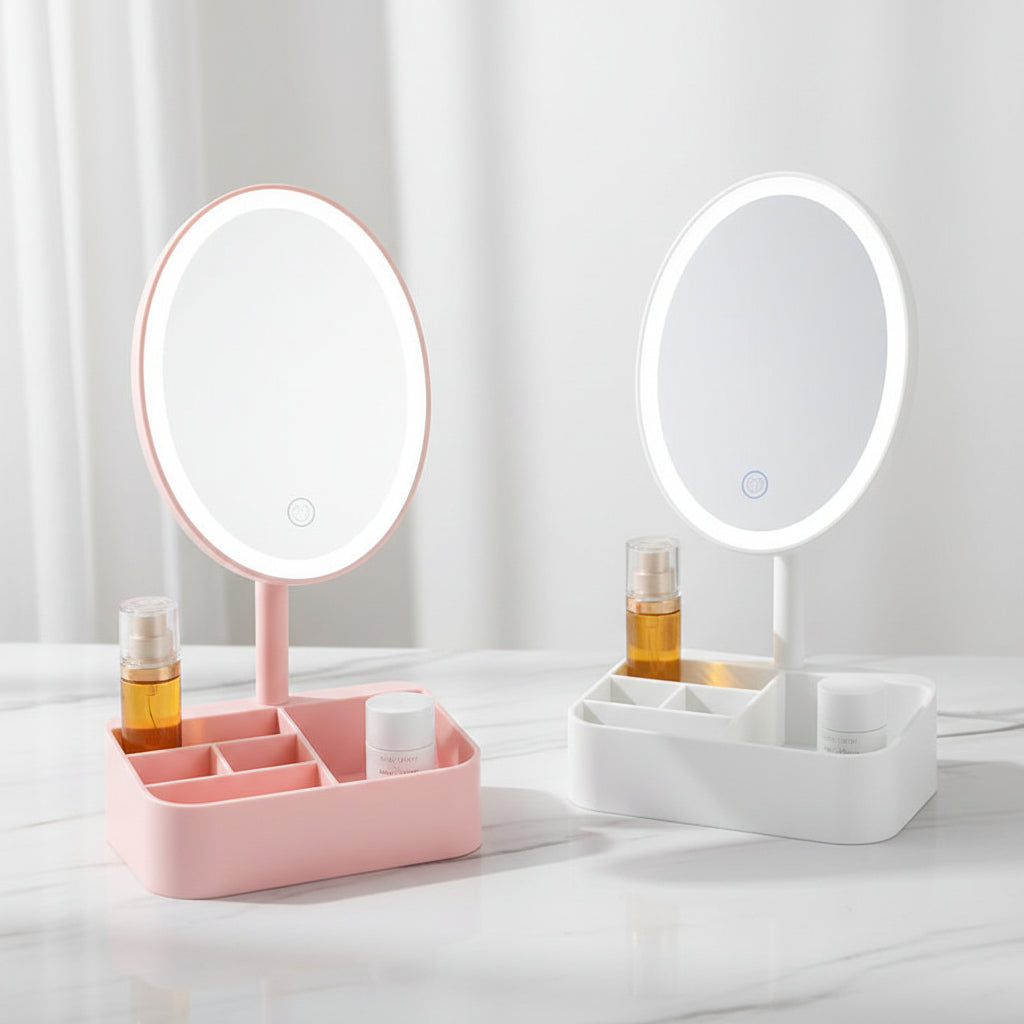 LED Tabletop Vanity Makeup Mirror with Storage Tray – Touch Control, Adjustable Angle & Desktop Organizer