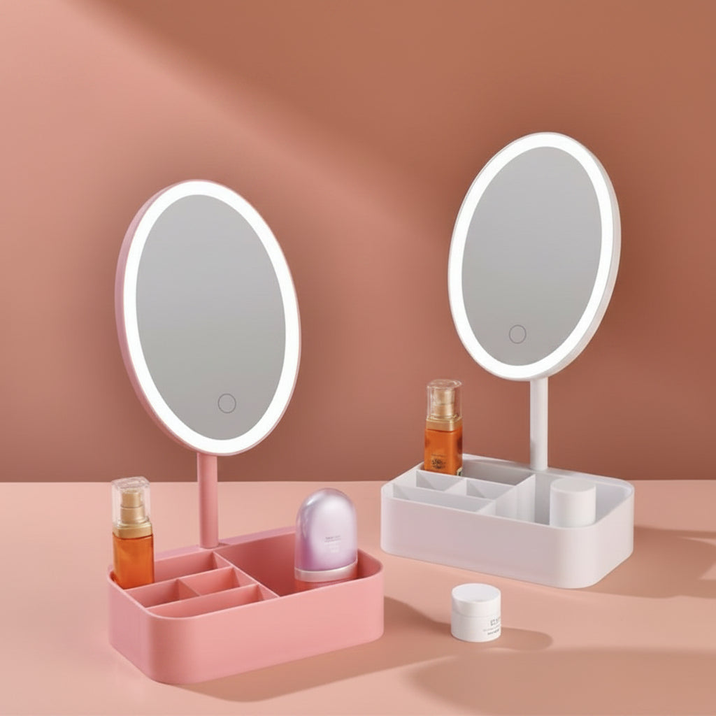 LED Tabletop Vanity Makeup Mirror with Storage Tray – Touch Control, Adjustable Angle & Desktop Organizer