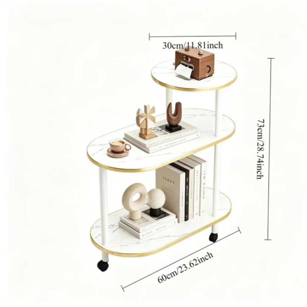 3-Tier Luxury Rolling Side Table – Bold Frame with Thick Wooden Shelves, Gold Trim & Storage Rack