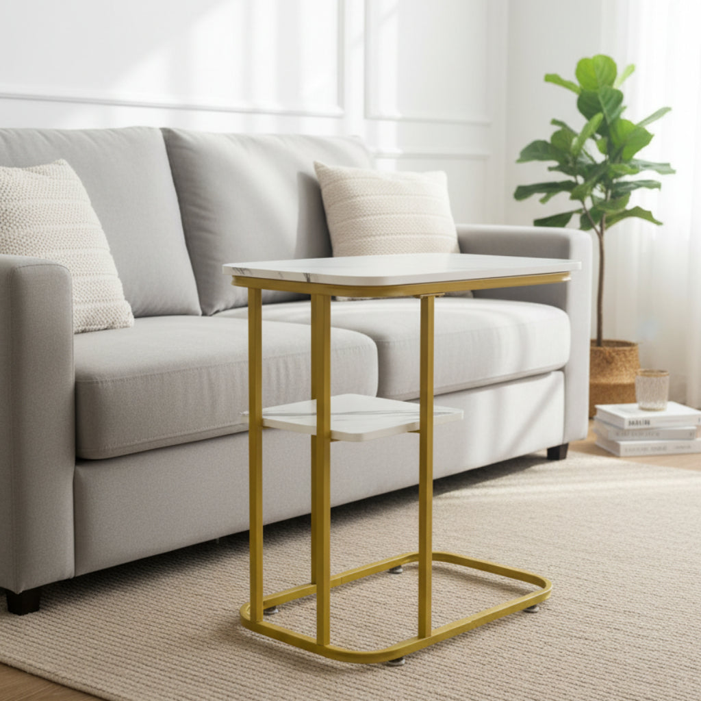Elegant Faux Wooden & Gold C-Shaped Side Table – Modern Sofa End Table for Living Room & Bedroom