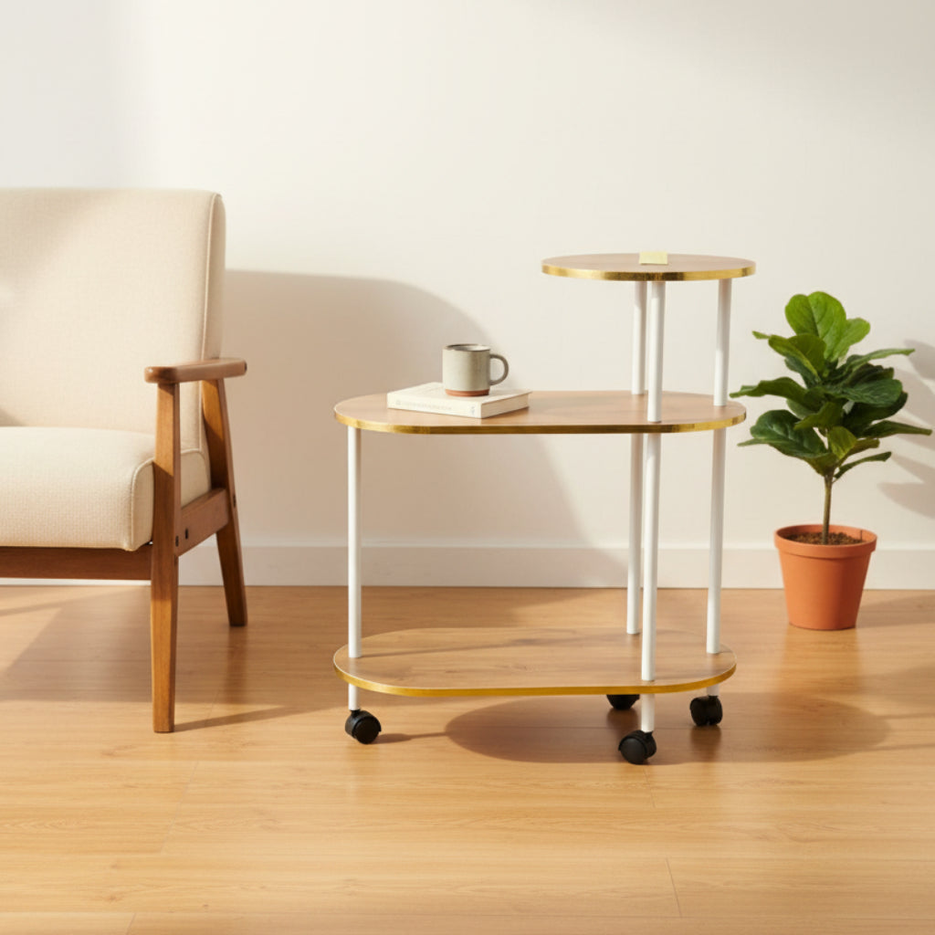 Wooden 3-Tier Side Table with Wheels – Gold Finish