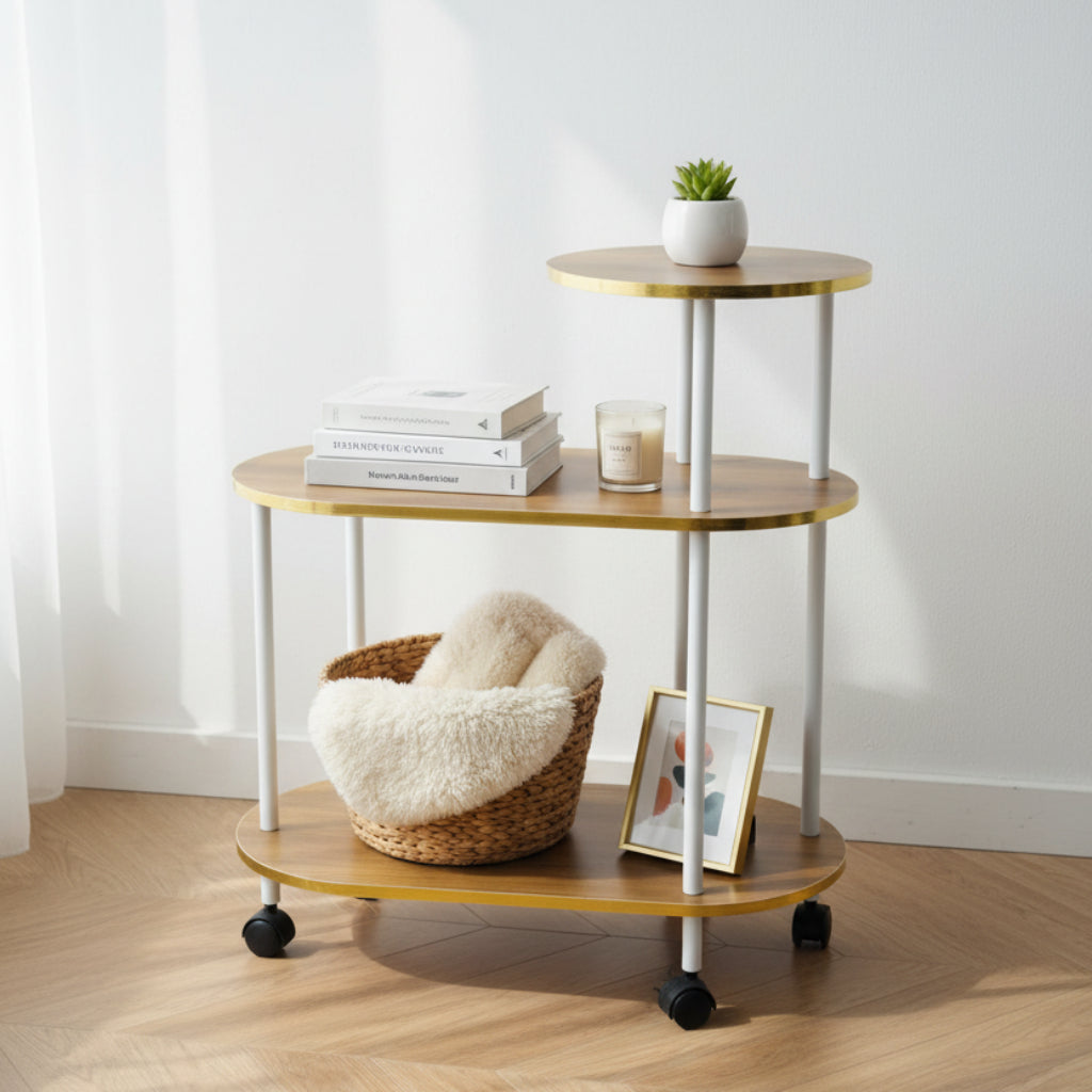 Wooden 3-Tier Side Table with Wheels – Gold Finish