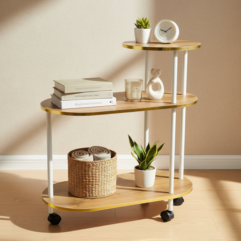 Wooden 3-Tier Side Table with Wheels – Gold Finish