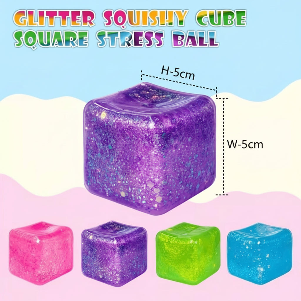 Glitter Stress Relief Squeeze Cube – Soft Sensory Fidget Toy for Kids & Adults