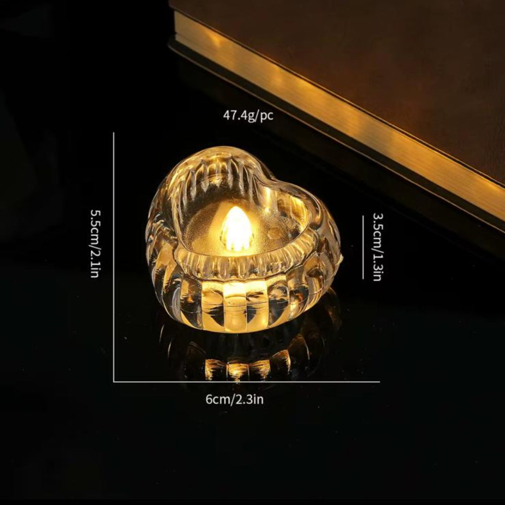 Heart-Shaped Glass LED Candle Holder – Elegant Tea Light Holder with Warm Ambient Glow