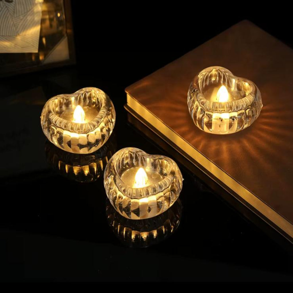 Heart-Shaped Glass LED Candle Holder – Elegant Tea Light Holder with Warm Ambient Glow