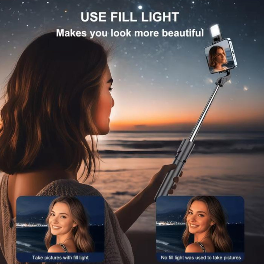 Selfie Stick Tripod with Fill Light & Wireless Remote – 360° Rotating Extendable Phone Holder