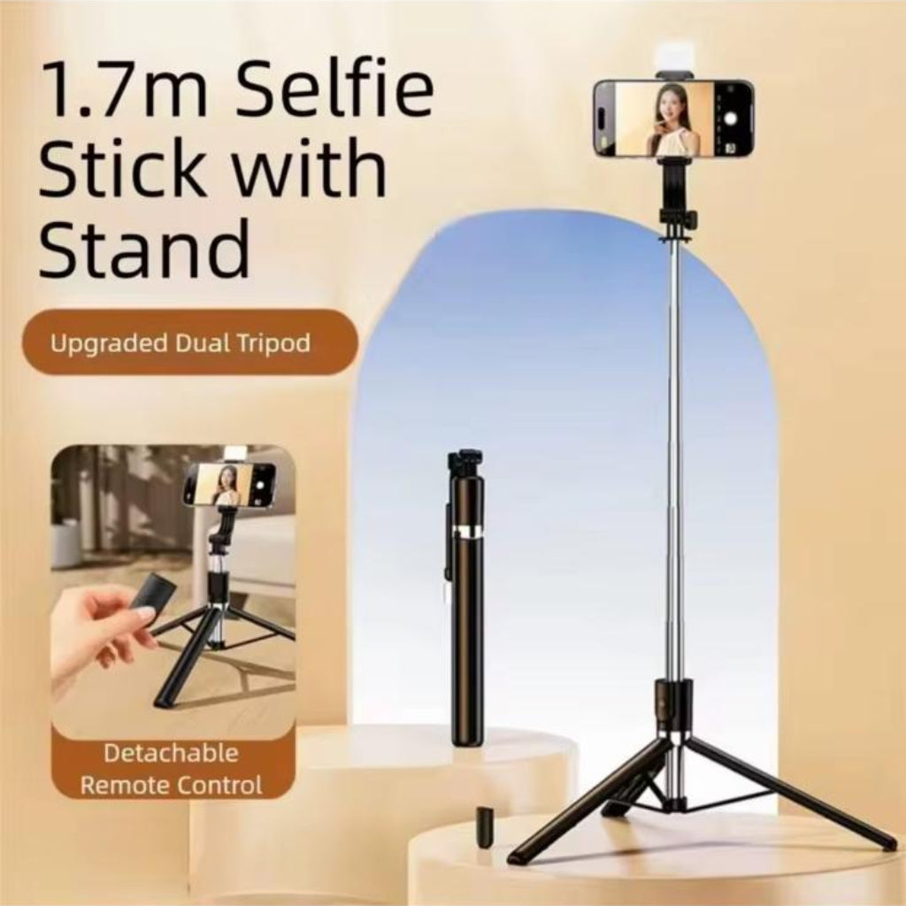 Selfie Stick Tripod with Fill Light & Wireless Remote – 360° Rotating Extendable Phone Holder