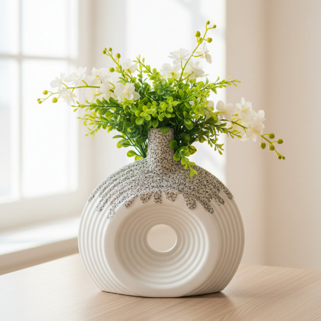Ceramic Vase – Modern White Ring Vase with Black Speckled Top & Center Hole