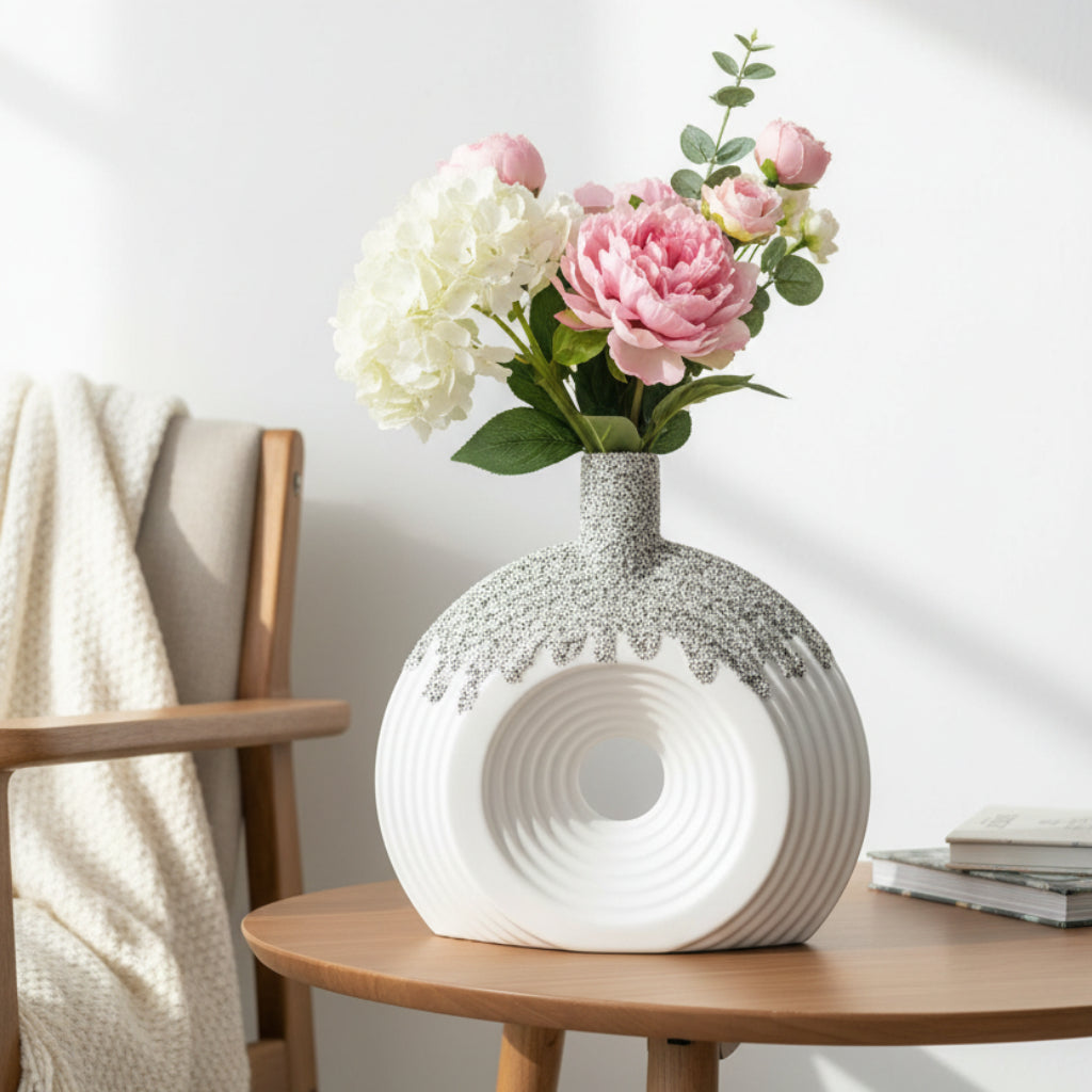 Ceramic Vase – Modern White Ring Vase with Black Speckled Top & Center Hole