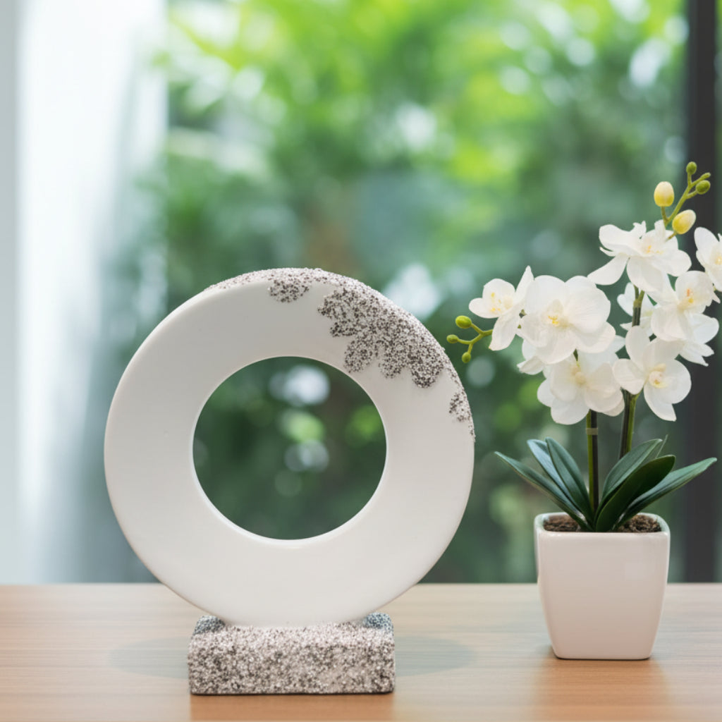 Modern Round Ceramic Ring Vase – White Decorative Donut Vase with Textured Stone Base