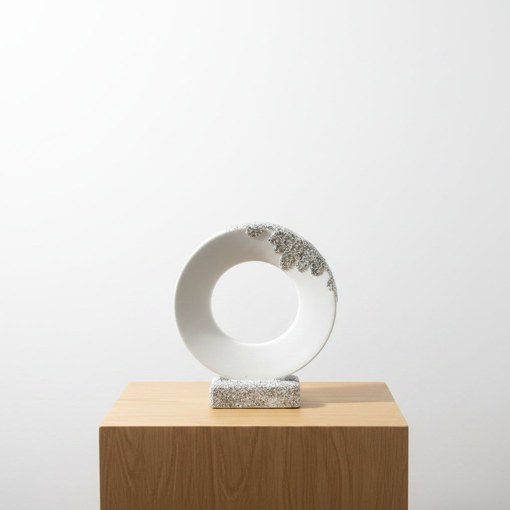 Modern Round Ceramic Ring Vase – White Decorative Donut Vase with Textured Stone Base