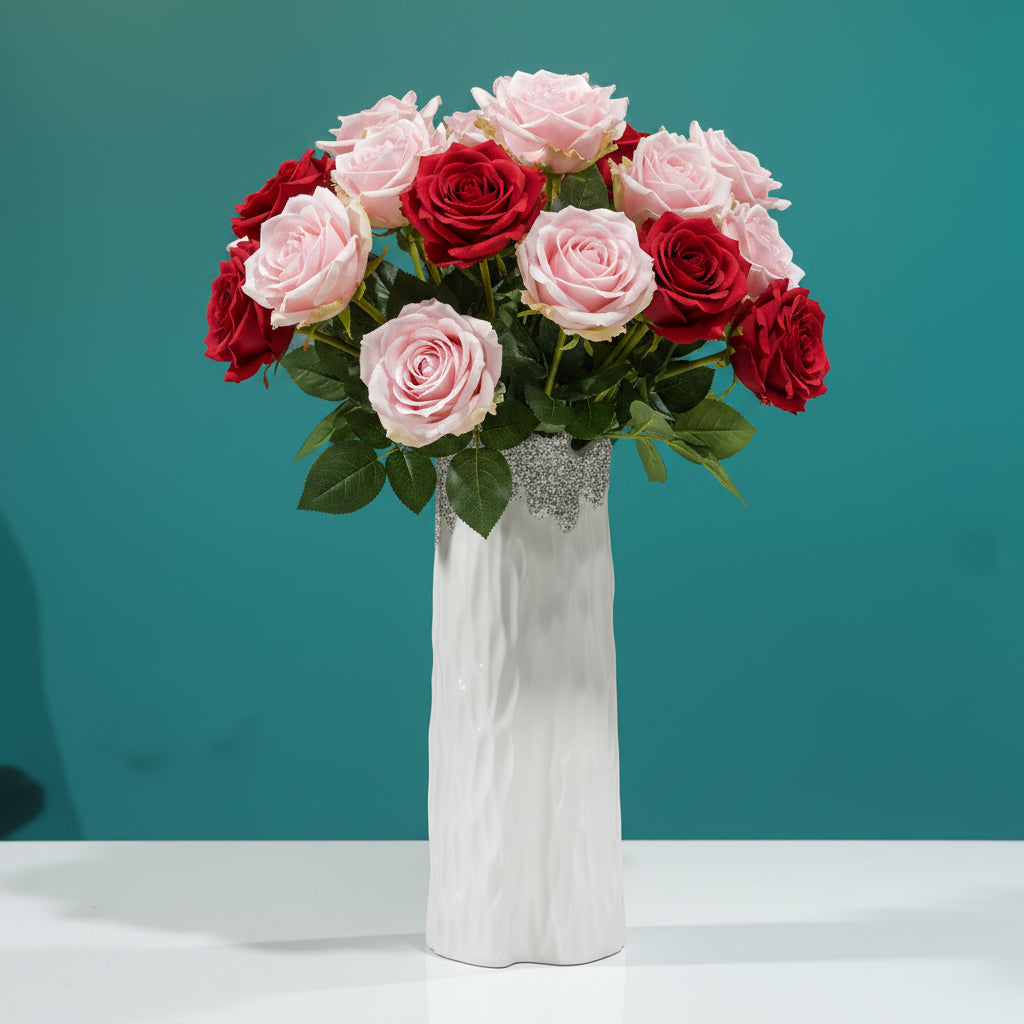 Ceramic White & Silver Textured Decorative Vase – Modern Elegant Home Décor Accent