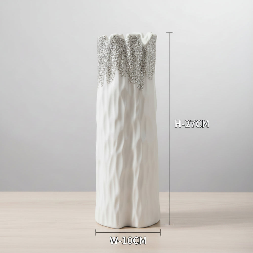 Ceramic White & Silver Textured Decorative Vase – Modern Elegant Home Décor Accent