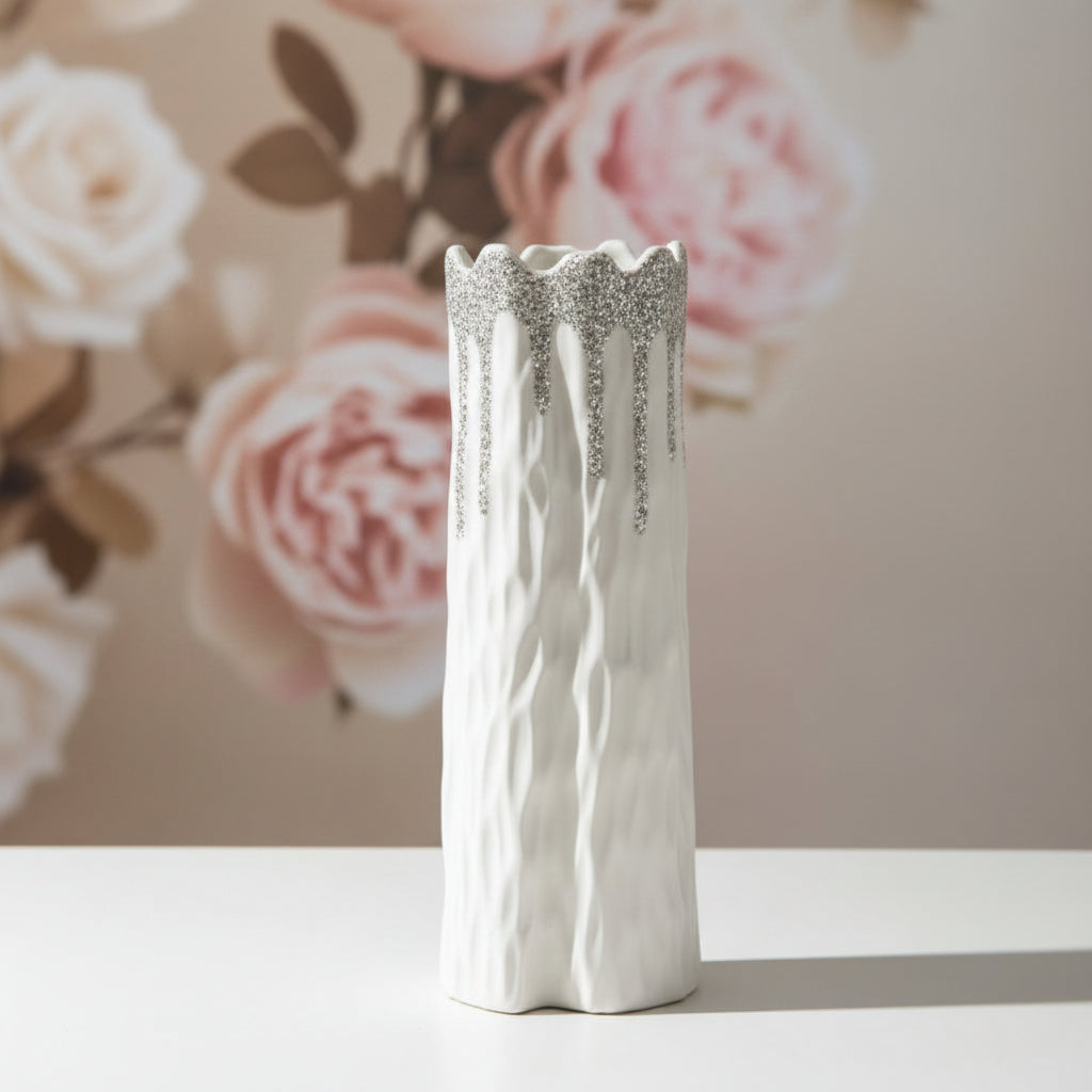 Ceramic White & Silver Textured Decorative Vase – Modern Elegant Home Décor Accent