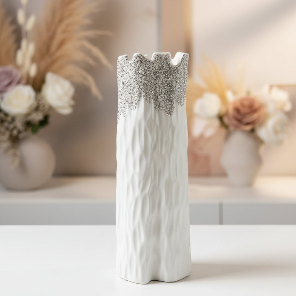 Ceramic White & Silver Textured Decorative Vase – Modern Elegant Home Décor Accent