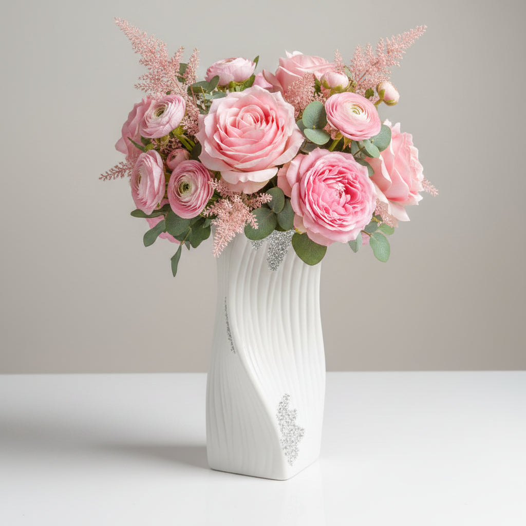 White & Silver Abstract Curved Ceramic Vase – Modern Decorative Home Accent