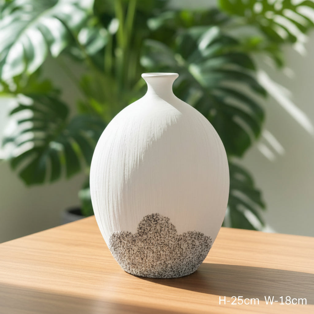 White & Silver Oval Textured Ceramic Vase – Modern Decorative Home Accent
