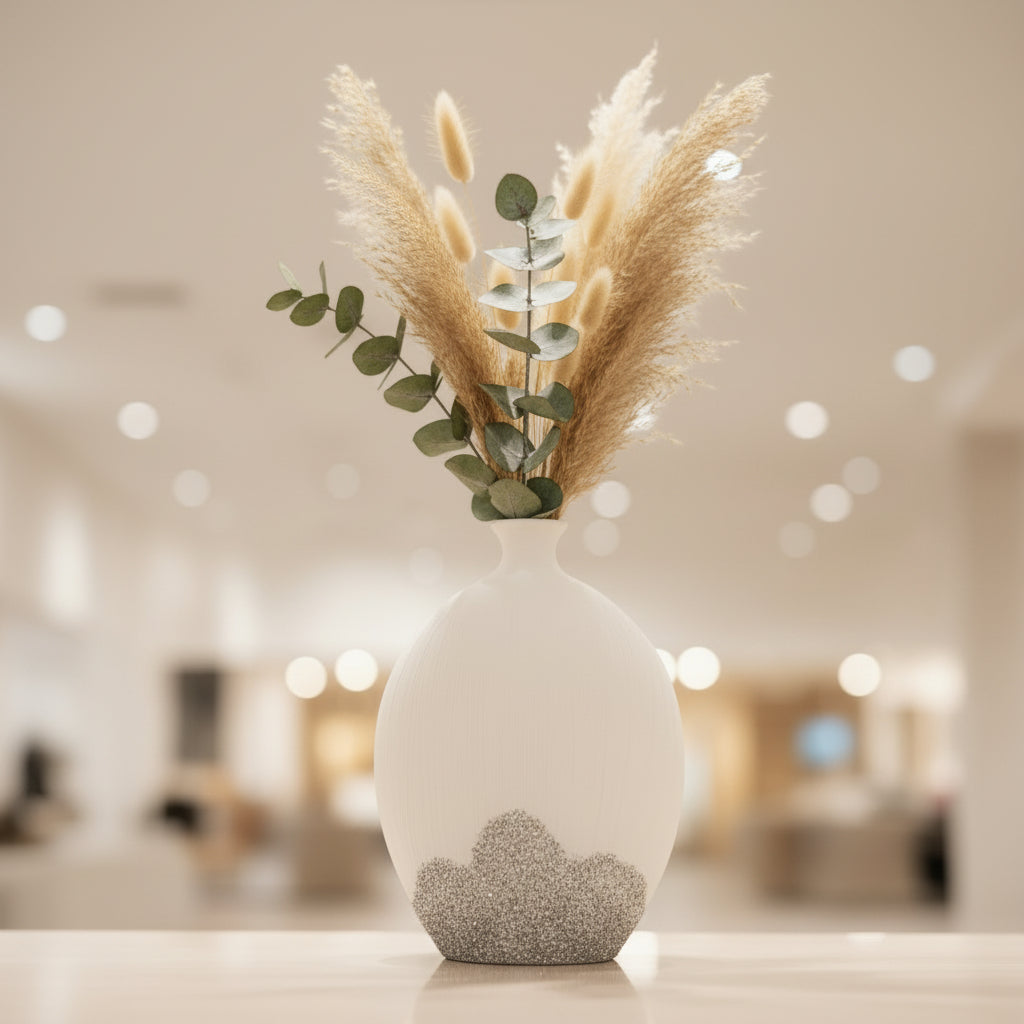 White & Silver Oval Textured Ceramic Vase – Modern Decorative Home Accent